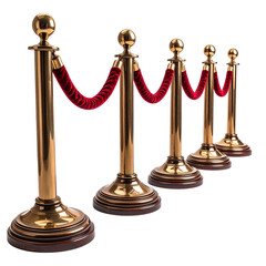 Elegant gold stanchions with rich red velvet ropes, isolated on a transparent background. Perfect for VIP access, event decor, and crowd control visuals