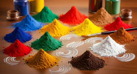 Vibrant piles of colorful powdered pigments for art or holi festival on a wooden table