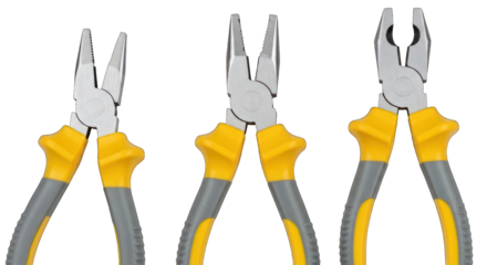 Three different types of open pliers tools with yellow and grey handles