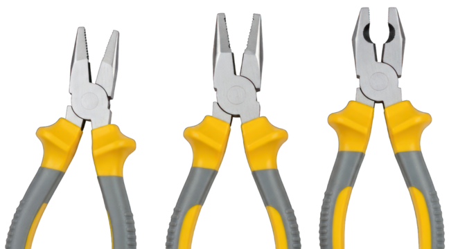 Three different types of open pliers tools with yellow and grey handles