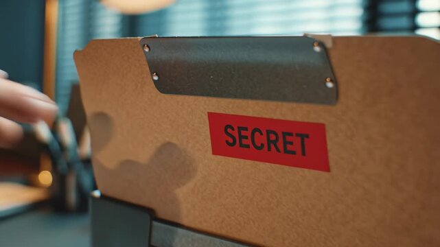 4k video of a folder with a sticker Secret on it.
