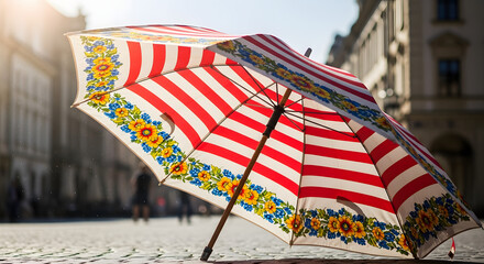 A colorful striped umbrella with a traditional floral pattern resting on a sunny cobblestone street