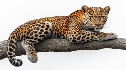 Obraz premium Leopard resting on tree branch, isolated on white background.