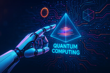 Modern cybernetic hand touching neon quantum computing hologram representing future science artificial intelligence and innovation