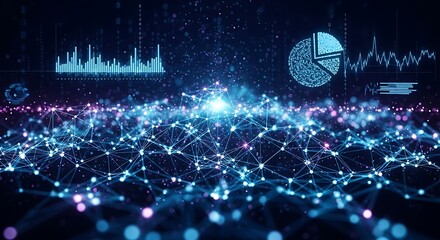 Abstract digital network with data visualizations and glowing connections
