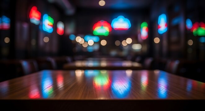 Vibrant bokeh lights reflecting on a wooden table in a dimly lit room