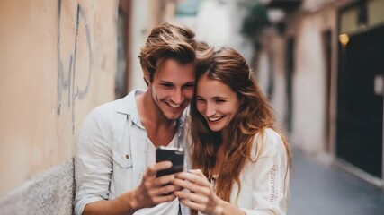 A smiling couple leaning on a wall while looking at a smartphone together in a narrow street. - Powered by Adobe
