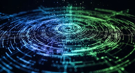 Abstract circular digital network with blue and green lights