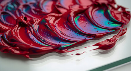 A macro close-up of thick vibrant red paint with an iridescent pearlescent sheen on a white surface