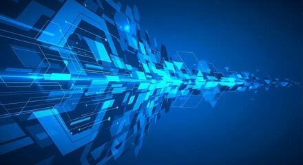 Abstract blue digital network with glowing lines and geometric shapes