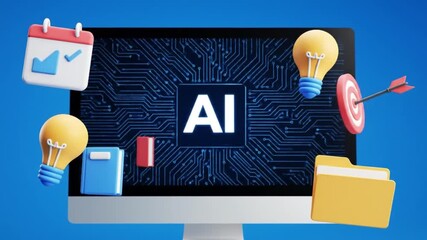 AI Concept with 3D Icons Around Computer Monitor - Artificial Intelligence, Business, Innovation, Data, Technology - Powered by Adobe