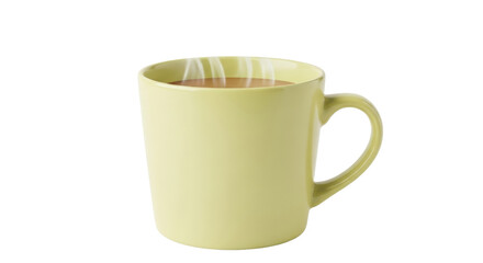 Isolated beverage container, coffee mug. Modern green ceramic mug with hot drink inside