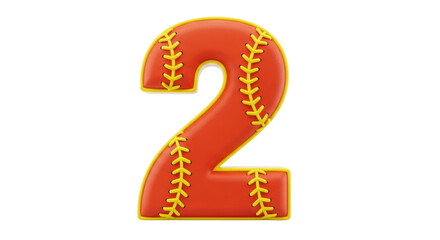 Isolated two, numeral in baseball style. Sport figure with stitches and yellow border. School sign