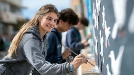 elderly artist guiding teenagers in mural painting on outdoor wall bright paints birds chirping community art vibe three quarter wide angle cinematic color correction gentle back