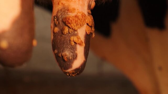 Close-up of a cow&rsquo;s teat covered with papilloma warts, showing bovine papillomatosis caused by papillomavirus infection. Useful for veterinary medicine, and disease research.