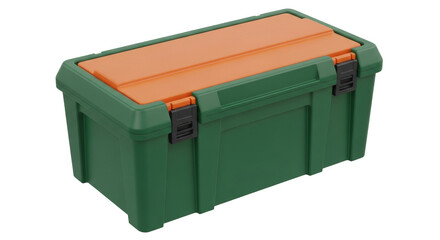 Isolated green and orange plastic toolbox for tool storage and organization on a surface