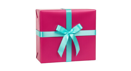 Isolated magenta gift box with teal ribbon for birthday, Christmas, Valentine's Day or other occasion