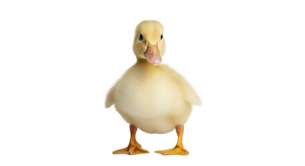 Isolated Yellow duckling close up portrait, small cute baby duck bird looking at camera