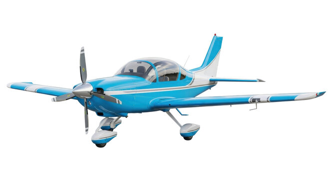 Isolated light-blue single-engine propeller airplane stands on its landing gear on ground