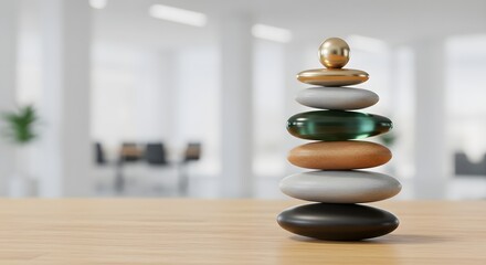Balancing Stones stacked in Office, zen like stones, for wellness blog, stress relief, meditation practice, in soft focus, for corporate presentation