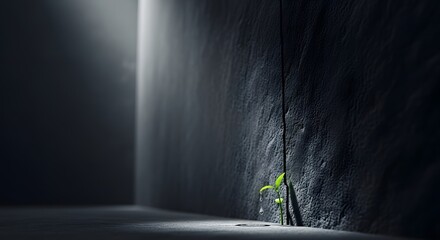 Sprout Growing on Wall with Water Drop, Hope in Darkness, Overcoming Obstacles, Perseverance Concept, High Resolution for Motivational Banner