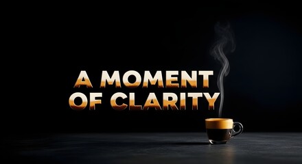 A Moment of Clarity espresso shot, coffee cup with steam on dark background, minimalist composition for coffee blog, cafe menu, and social media post