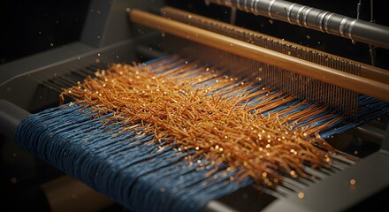Textile Weaving Loom Machine, Automated Production of Fabrics, Blue and Gold Threads, Close-up Shot, High Resolution, Material Manufacturing for Fashion Industry