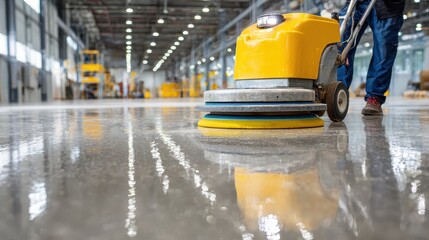 Polished concrete floor being cleaned with a yellow floor buffer in warehouse. Showcases the importance of cleanliness in industrial or commercial settings.