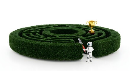 Bush Maze Solution Robot Cutting to Trophy, Success Concept, Isolated, Strategy Achievement, Problem Solving for Business Presentation
