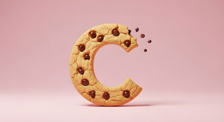 Chocolate Chip Cookie C Shape with Bite Taken on Pink Background, Delicious Treat for Bakery Promotion, Food Blog, or Sweet Snack Packaging Design