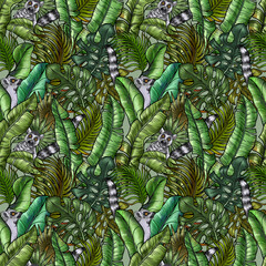 Obraz premium Hand drawn tropical greenery and lemurs peeking out of it. Seamless pattern for textile