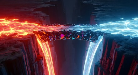 Lava and Ice Divide, Rocky Bridge, Dark Canyon, 3D Render, Dramatic Lighting, Fantasy Landscape for Gaming Background