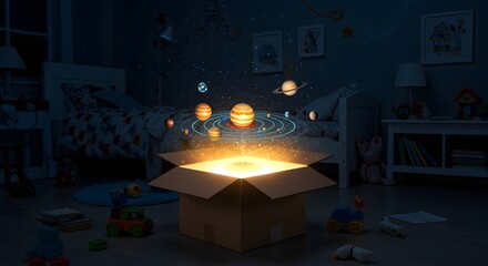 Planets from box in dark room, fantasy solar system emanating from cardboard box, bedroom interior with toys, creative concept for astronomy education