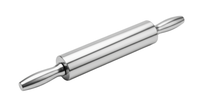 Isolated stainless steel rolling pin on a plain surface for pastry or pizza dough