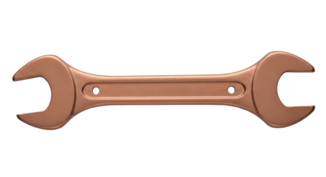 Isolated copper-colored wrench tool with two open ends for tightening nuts and bolts securely