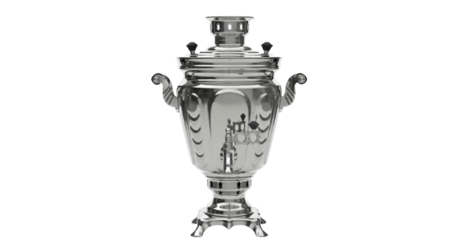 Isolated shiny metal tea brewing samovar for a restaurant, cafe or teahouse concept
