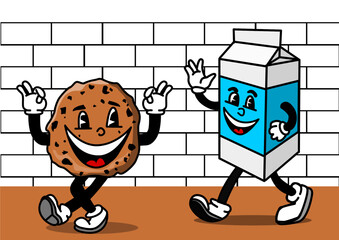 Illustration of a happy cookie with milk