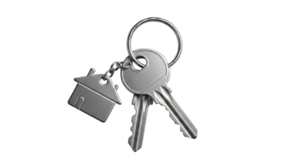 Two keys and a house keychain, silver, on a round keyring against black