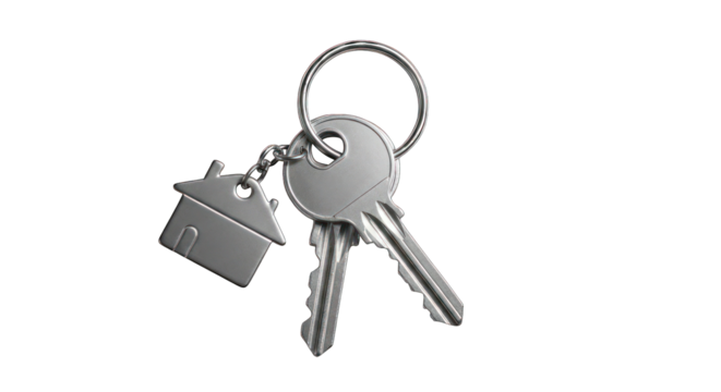 Two keys and a house keychain, silver, on a round keyring against black