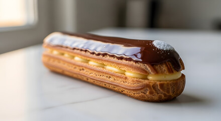 A delicious chocolate eclair filled with cream and topped with glossy icing sits on a white marble countertop