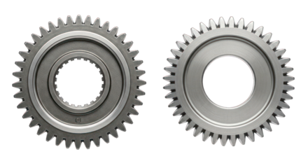 Two metal cogwheels/gears, detailed, against a black background