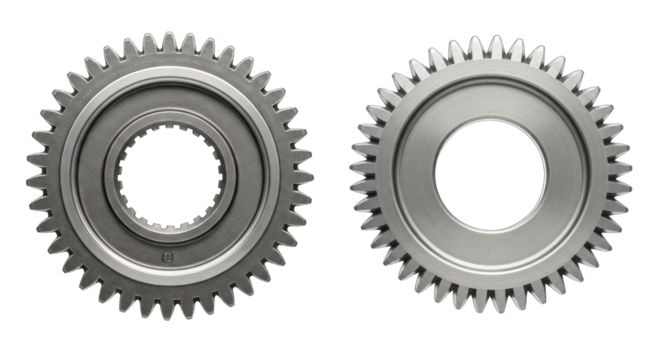 Two metal cogwheels/gears, detailed, against a black background