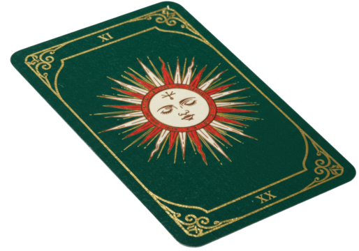 Isolated retro tarot card depicting sun, mysterious design on a green card with gold trim