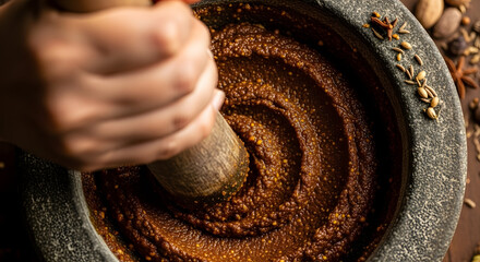 A hand grinds a rich brown spice paste with a pestle in a dark stone mortar in a top-down view