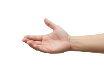 Isolated outstretched human hand gesturing, demonstrating or offering, caucasian skin tone