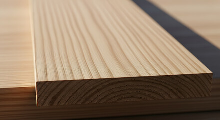 A close-up shot of a light-colored wood plank showing the detailed grain and concentric rings of the end grain