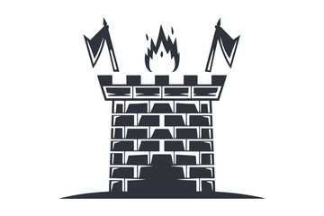 Dark tower silhouette shows battle axes and burning flames above brick facade