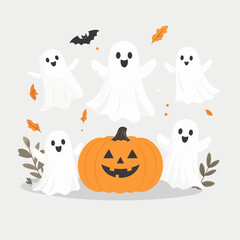 Cheerful Orange Carved Pumpkin with Smiling Ghosts Halloween Festive Illustration.