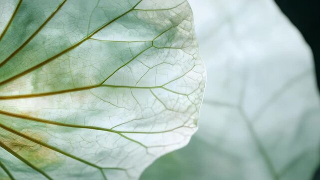 Close-up of a green leaf with translucent tissue, showing radiating veins and a central stem