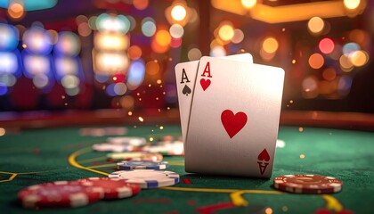 Close-up of two playing cards showing Aces, displayed on a green poker table, with chips and bokeh lights